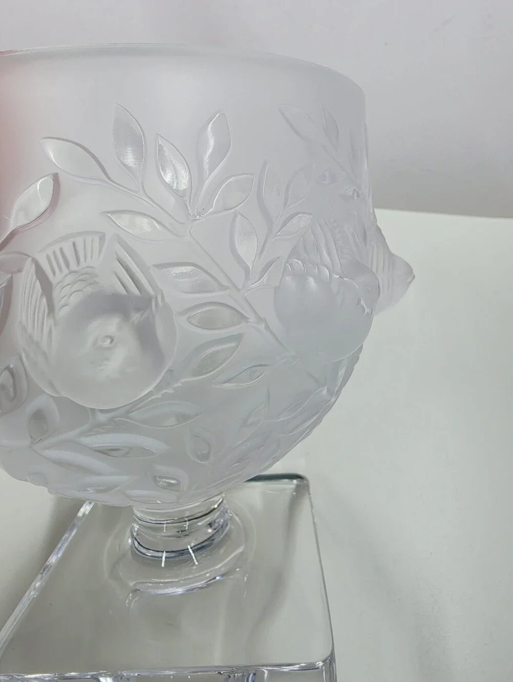Lalique France Elisabeth Fauna & Flora Frosted Crystal Vase Square Pedestal